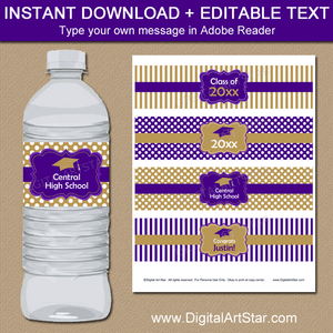 Purple and Gold Graduation Water Bottle Labels