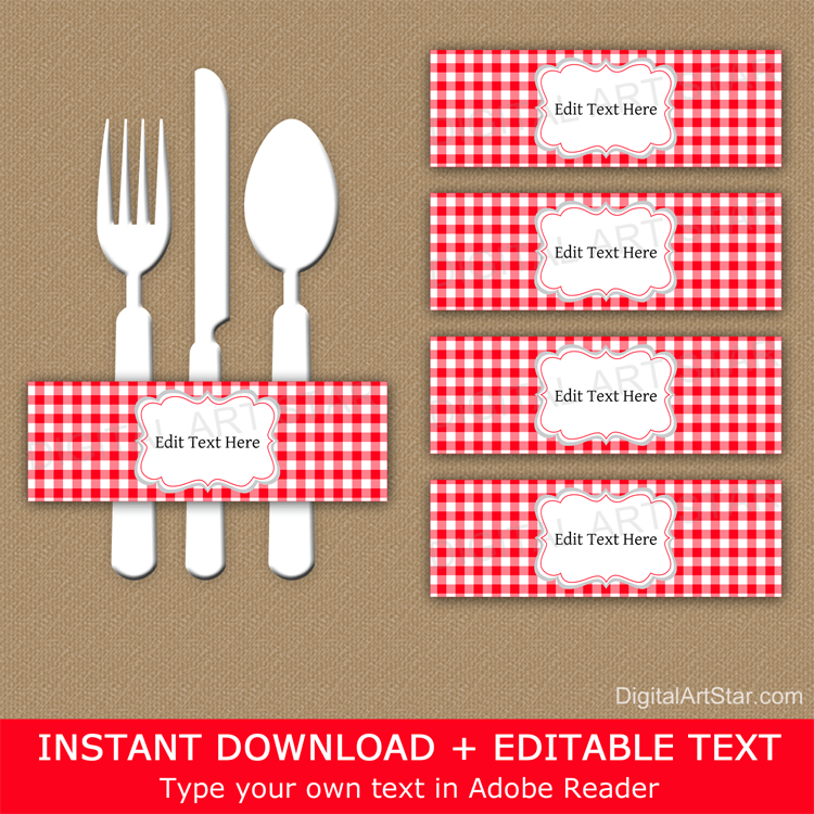 Red and white Gingham Napkin Rings Printable