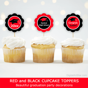 Red Black Cupcake Toppers Graduation Party Decorations