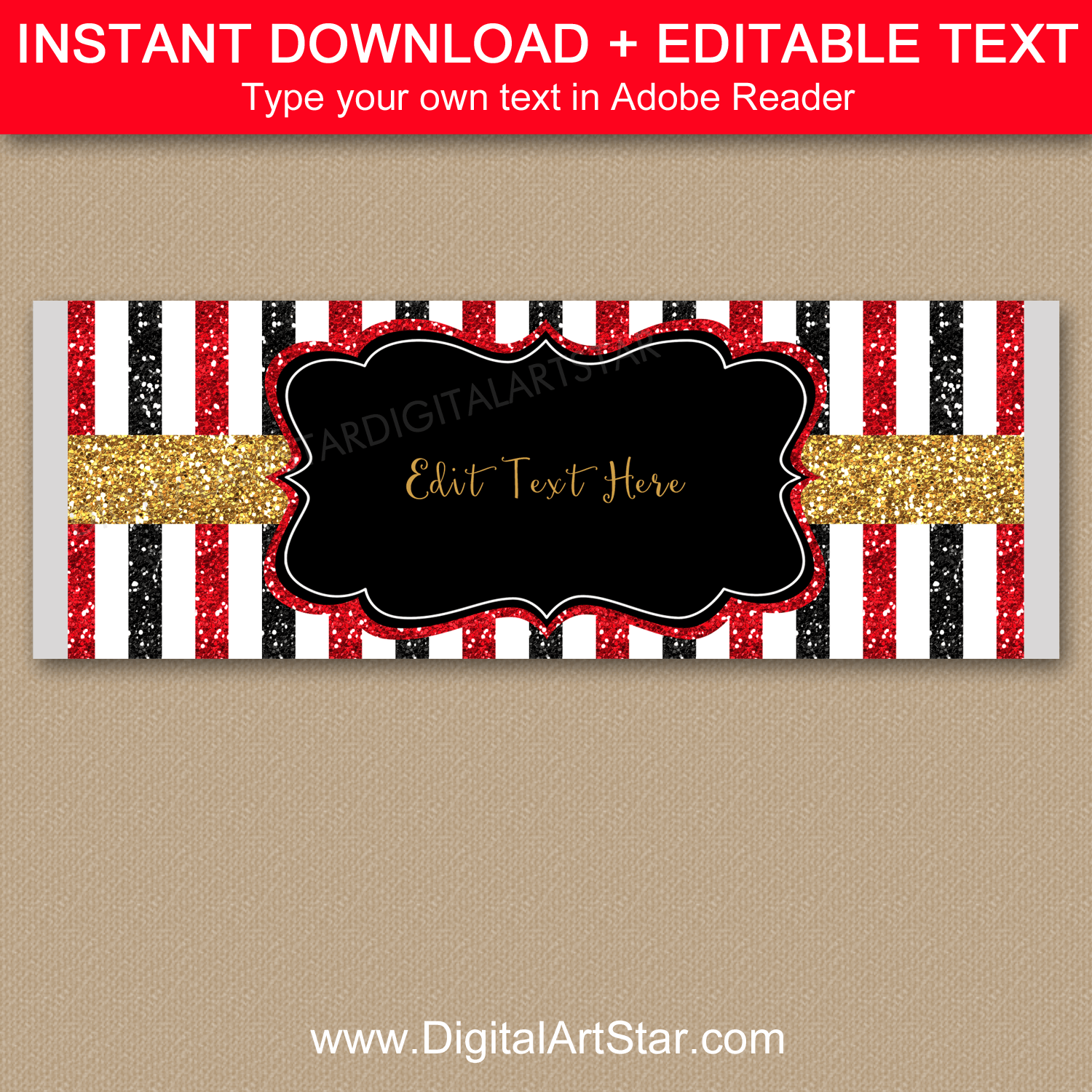 Red Black Gold Striped Candy Bar Wrapper Template Editable