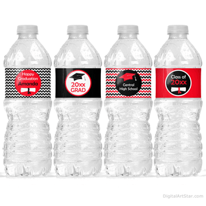 Red Black Graduation Water Bottle Labels Decorations