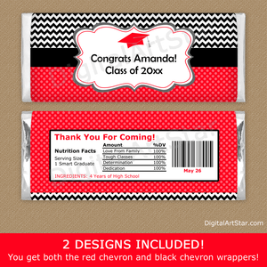 Red Black White Graduation Candy Bar Wrapper Thank You Favors