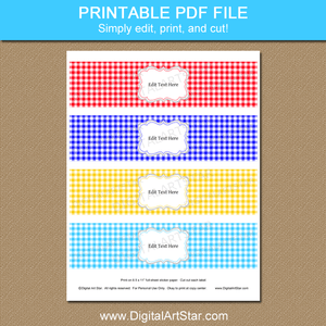 Red Blue Yellow Gingham Water Bottle Labels Printable PDF Fathers Day
