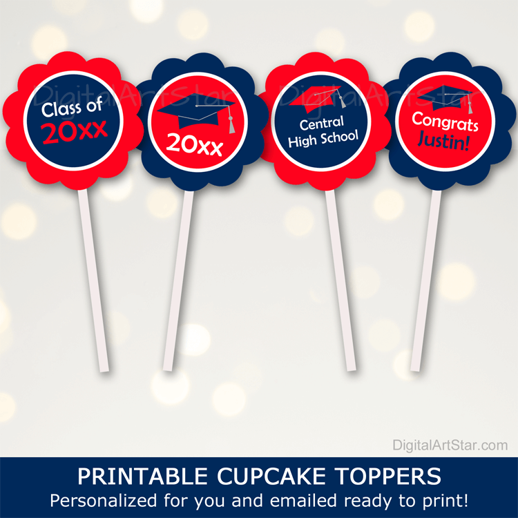 Red Navy Blue Graduation Cupcake Toppers Printable Party Decor