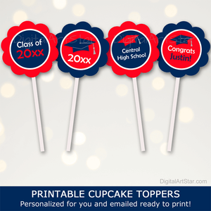 Red Navy Blue Graduation Cupcake Toppers Printable Party Decor
