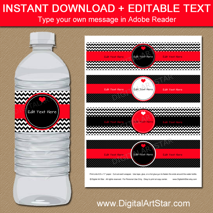 Red and Black Valentine Water Bottle Labels