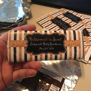 Retirement Party Candy Bar Favors in Black and Gold