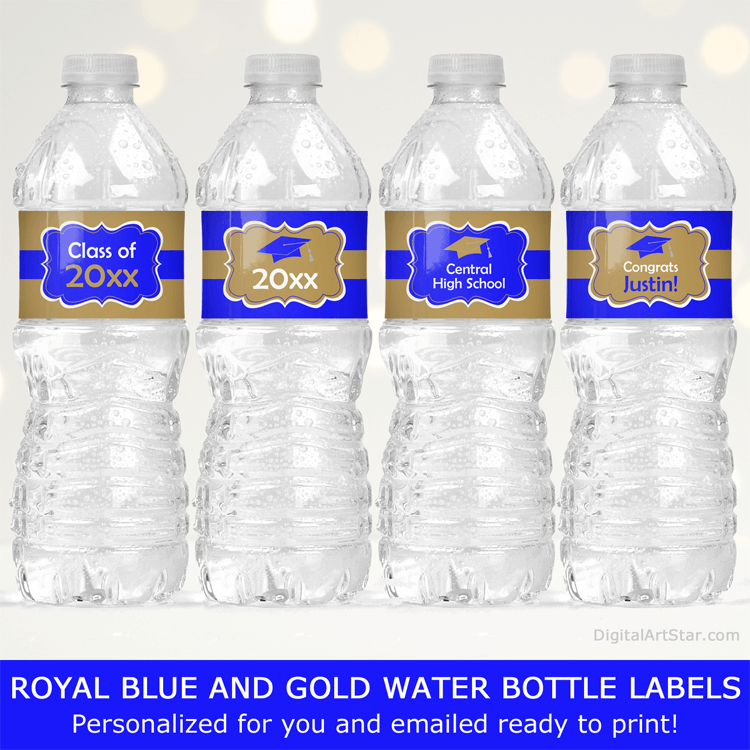 Royal Blue and Gold Graduation Water Bottle Labels Printable Decorations