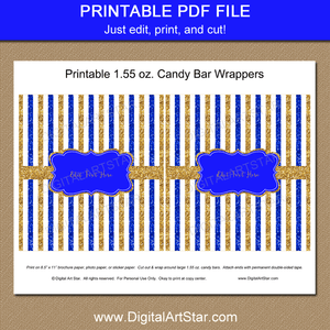 Royal Blue Gold and White Printable Candy Bar Wrapper Download. Baby Shower Printables. Man Birthday Favors.