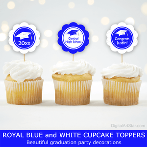 Royal Blue and White Graduation Cupcake Toppers Graduation Party Decorations Graduation Cupcake Picks