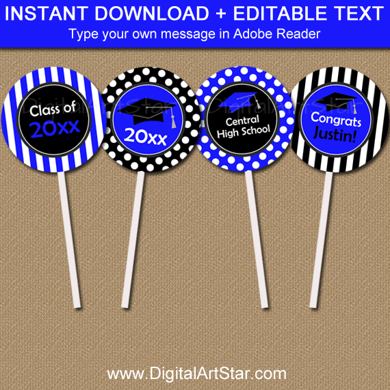 Instant Download Royal Blue Graduation Cupcake Toppers Template