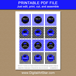 Royal Blue and Black Graduation Cupcake Toppers Printable PDF