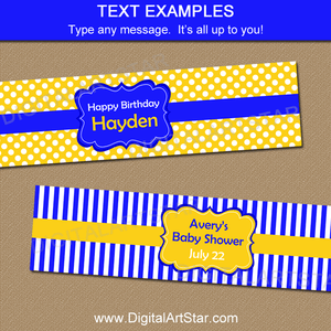 Editable Water Bottle Stickers in Royal Blue, Yellow, and White