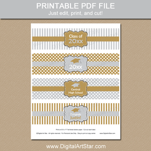 Silver and Gold Graduation Water Bottle Labels Printable
