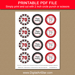 Silver Black Red 70th Birthday Cupcake Toppers Printable PDF