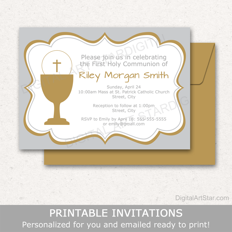 Silver and Gold First Holy Communion Invitation Printable for Girls Boys Twins