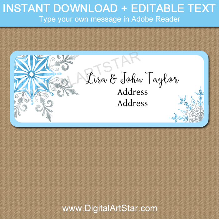 Snowflake Return Address Label Template Blue and Silver