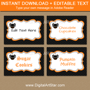 black Halloween candy buffet labels with spider