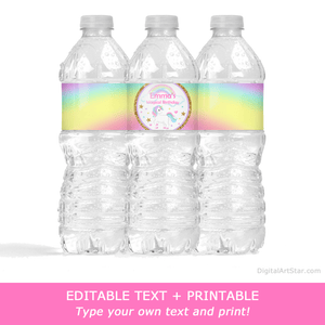 Editable Water Bottle Wraps for Magical Unicorn Birthday Party