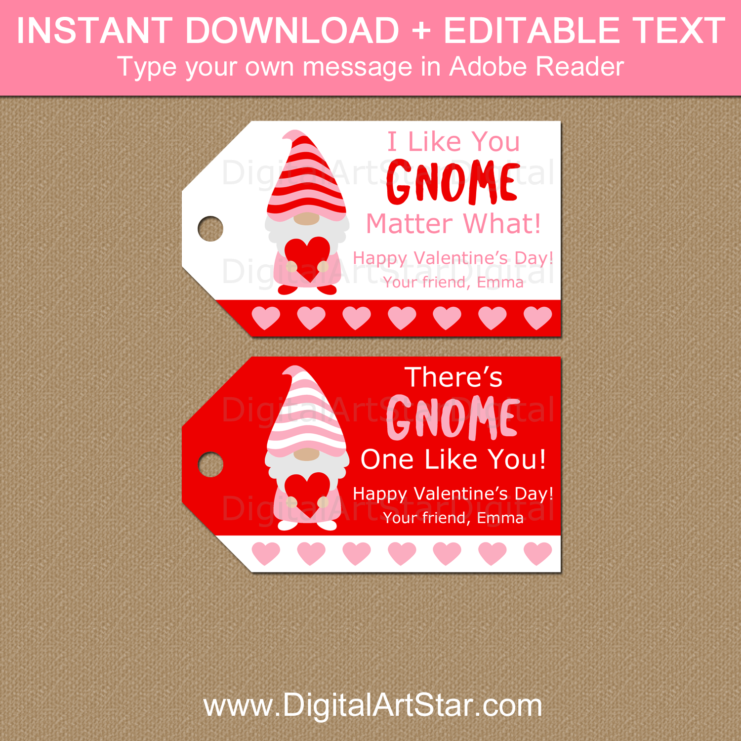 Valentine Gnome Tags Instant Download Template