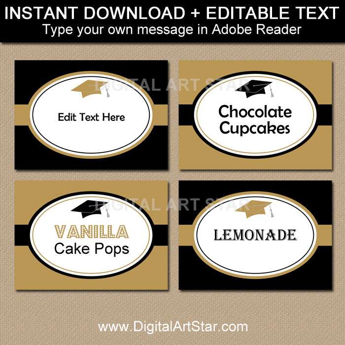 printable graduation food labels in black and gold with editable text by digital art star