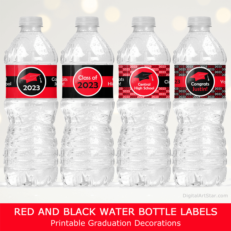 2023 Red and Black Graduation Decorations Printable Water Bottle Labels