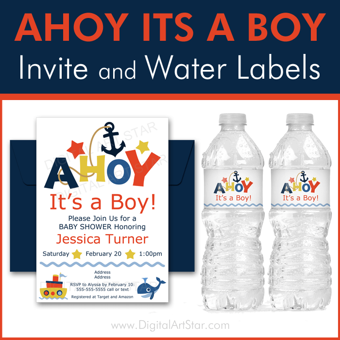 Ahoy Its a Boy Baby Shower Invitation and Water Bottle Labels