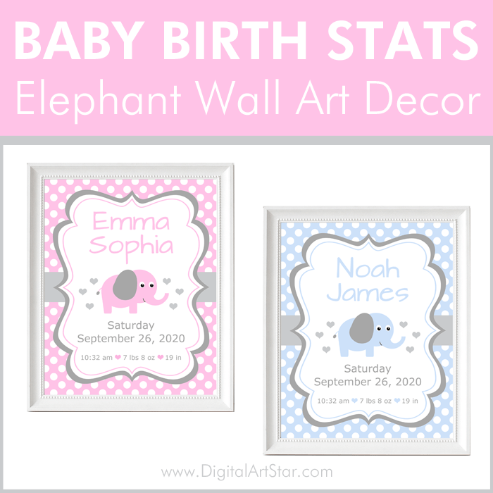 Baby Birth Stats Elephant Wall Decor for Nursery