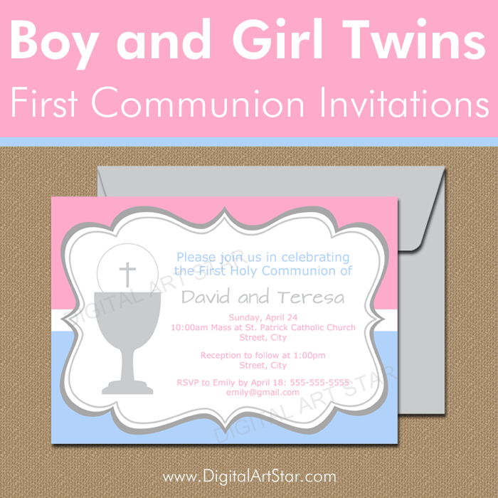 Printable First Communion Invitations for Boy Girl Twins