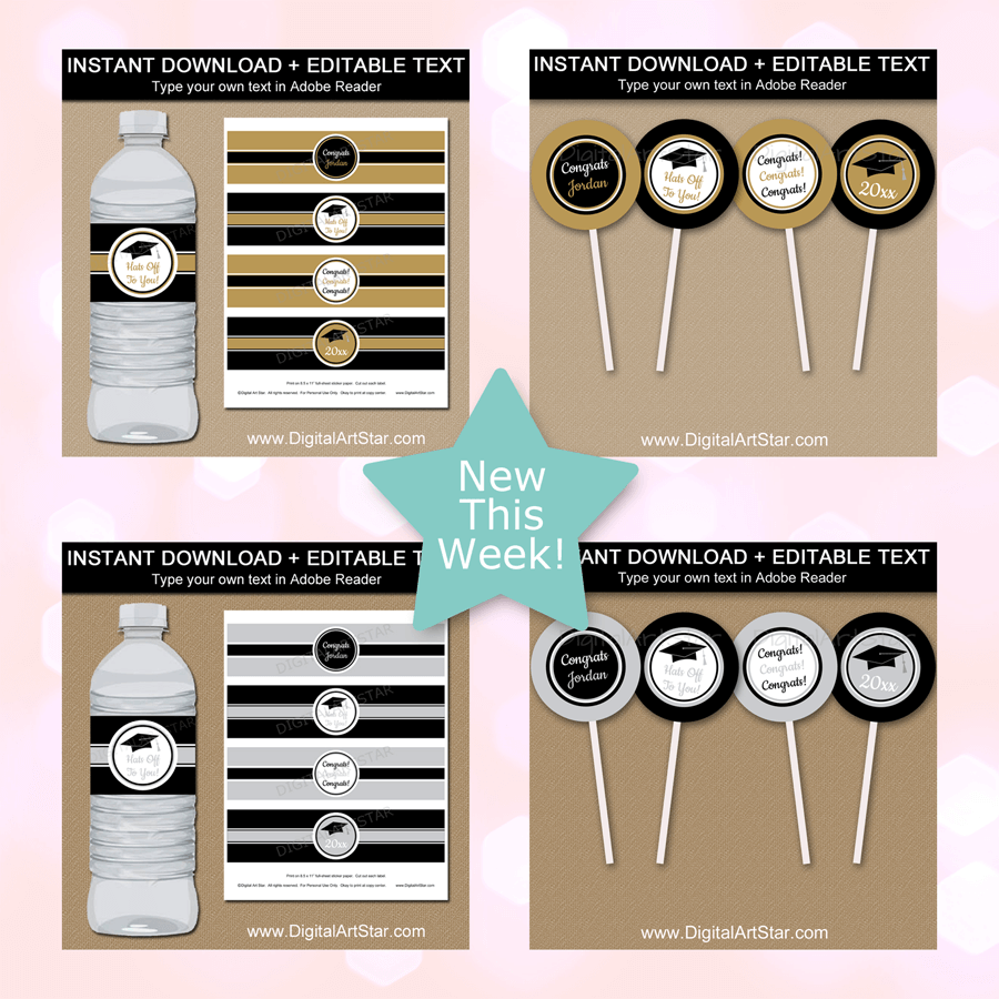 Elegant Graduation Cupcake Toppers and Printable Water Bottle Labels in Black and Gold and Black and Silver