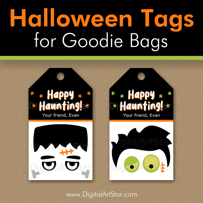 Five Printable Halloween Tags for Halloween Goodie Bags, Halloween Gift Tags Template, Halloween Treat Bag Tags Download