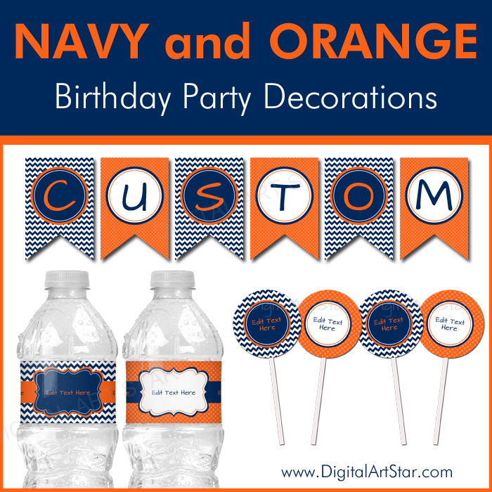 Navy and Orange Birthday Printable Party Decorations