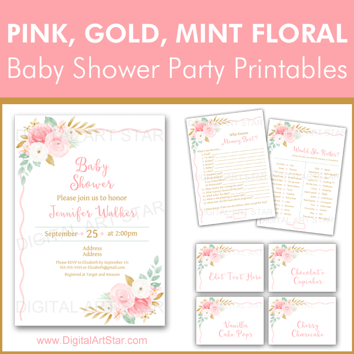Pink Gold and Mint Green Floral Baby Shower Party Printables