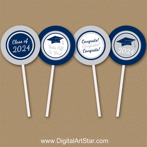 Navy Blue and Silver Graduation Cupcake Toppers for the Class of 2024