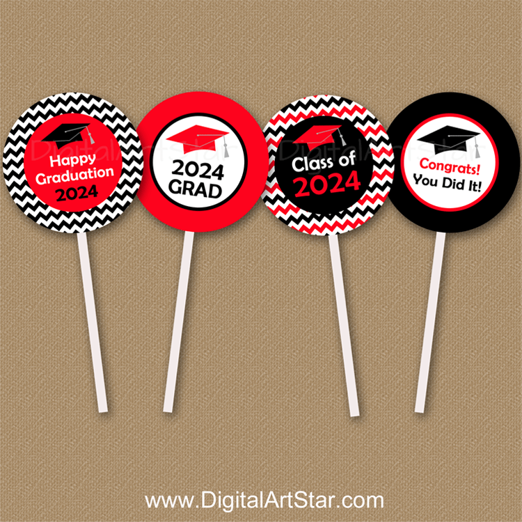 Red and Black Graduation Cupcake Picks Instant Download for Class of 2024