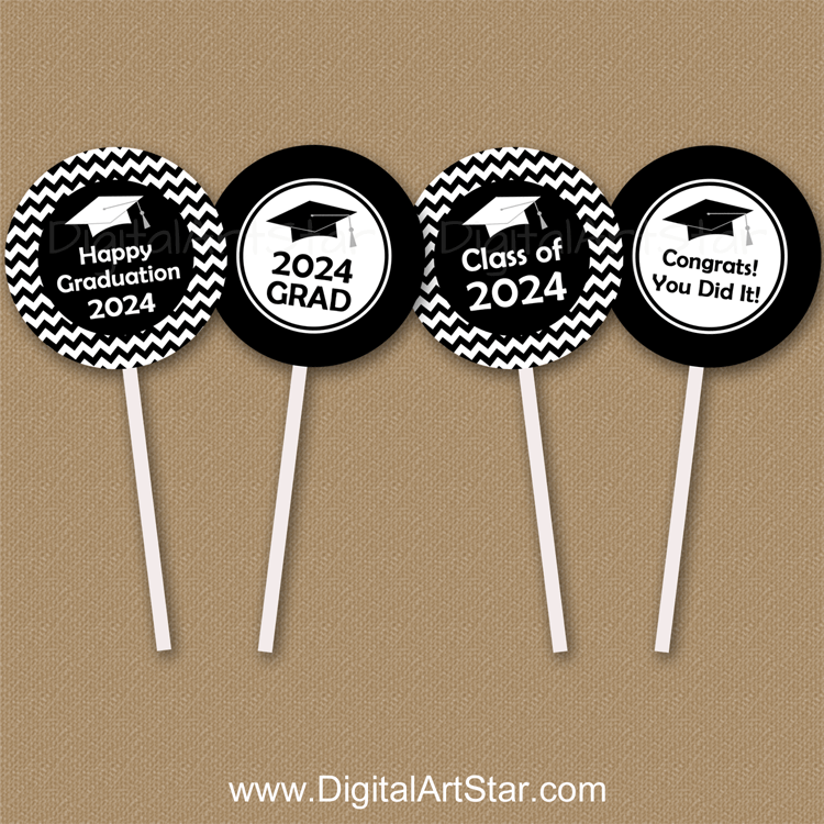 Black and White Chevron Graduation Cupcake Toppers 2024