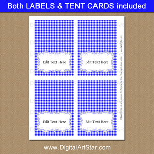 Blue and White Gingham Food Tent Cards Template