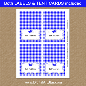 Printable Graduation Food Tent Cards Download Royal Blue White Gingham