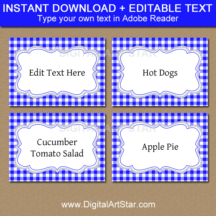 Royal Blue and White Gingham Food Labels Editable Template