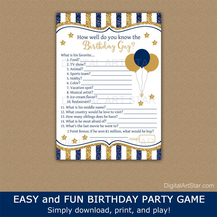 Who Knows the Birthday Guy Best Game Printable in Navy Blue and Gold 