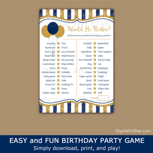 Would You Rather Birthday Game Guy Navy Blue and Gold