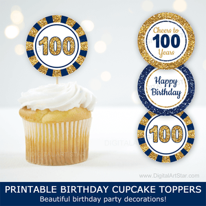 100th Birthday Cupcake Toppers Party Decorations Navy Blue and Gold Glitter