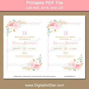 18th Birthday Invitation Printable for Her Floral Invitations Pink Gold Mint Green