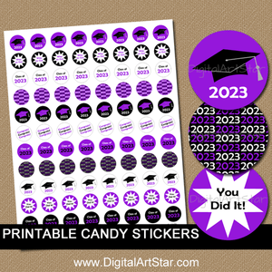 2023 Printable Graduation Candy Stickers Purple Black and White