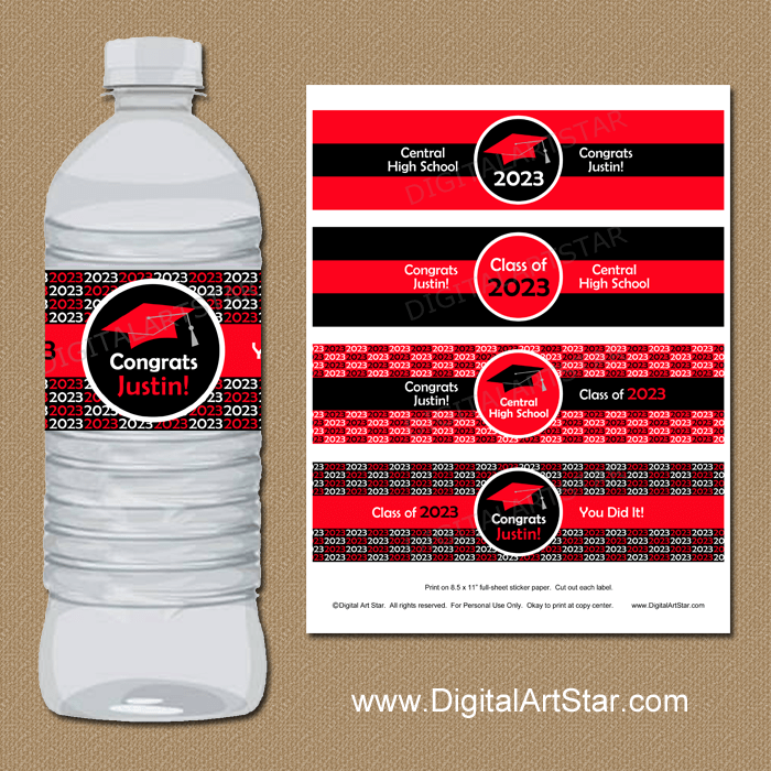2023 Red and Black Graduation Water Bottle Labels Personalized