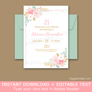 21st Floral Birthday Invitation Template Pink Gold Mint Green