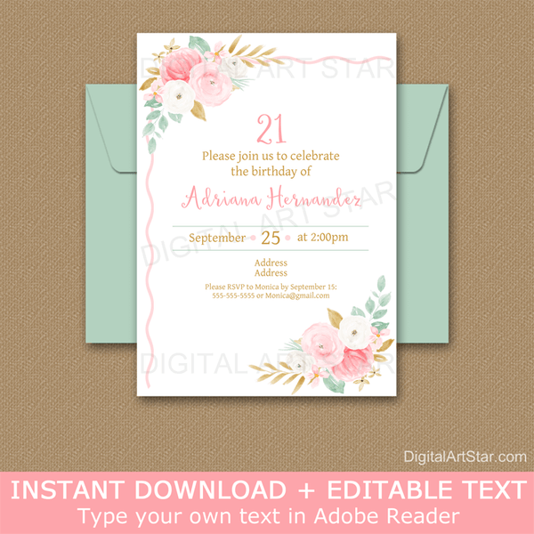 Mint Floral Happy Birthday Wishes Card Template