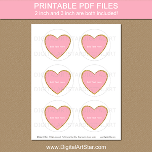 3 Inch Round Pink and Gold Heart Wedding Treat Bag Labels