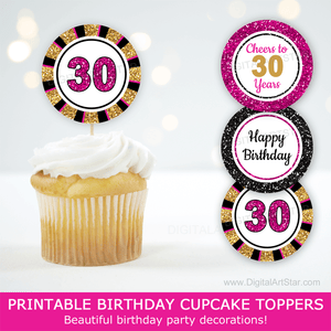 30th Birthday Party Cupcake Toppers in Fuchsia Black Gold Glitter