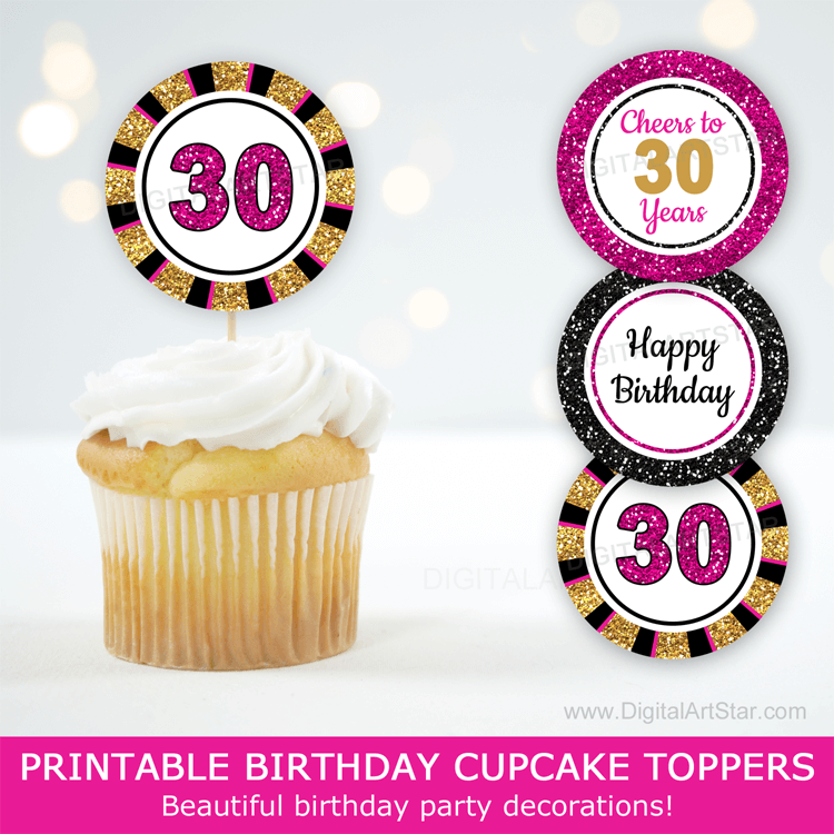 30 Birthday Cupcake Toppers, Birthday Decoration, 30th Birthday Party, Cupcake  topper Glitter, 30 Anniversary
